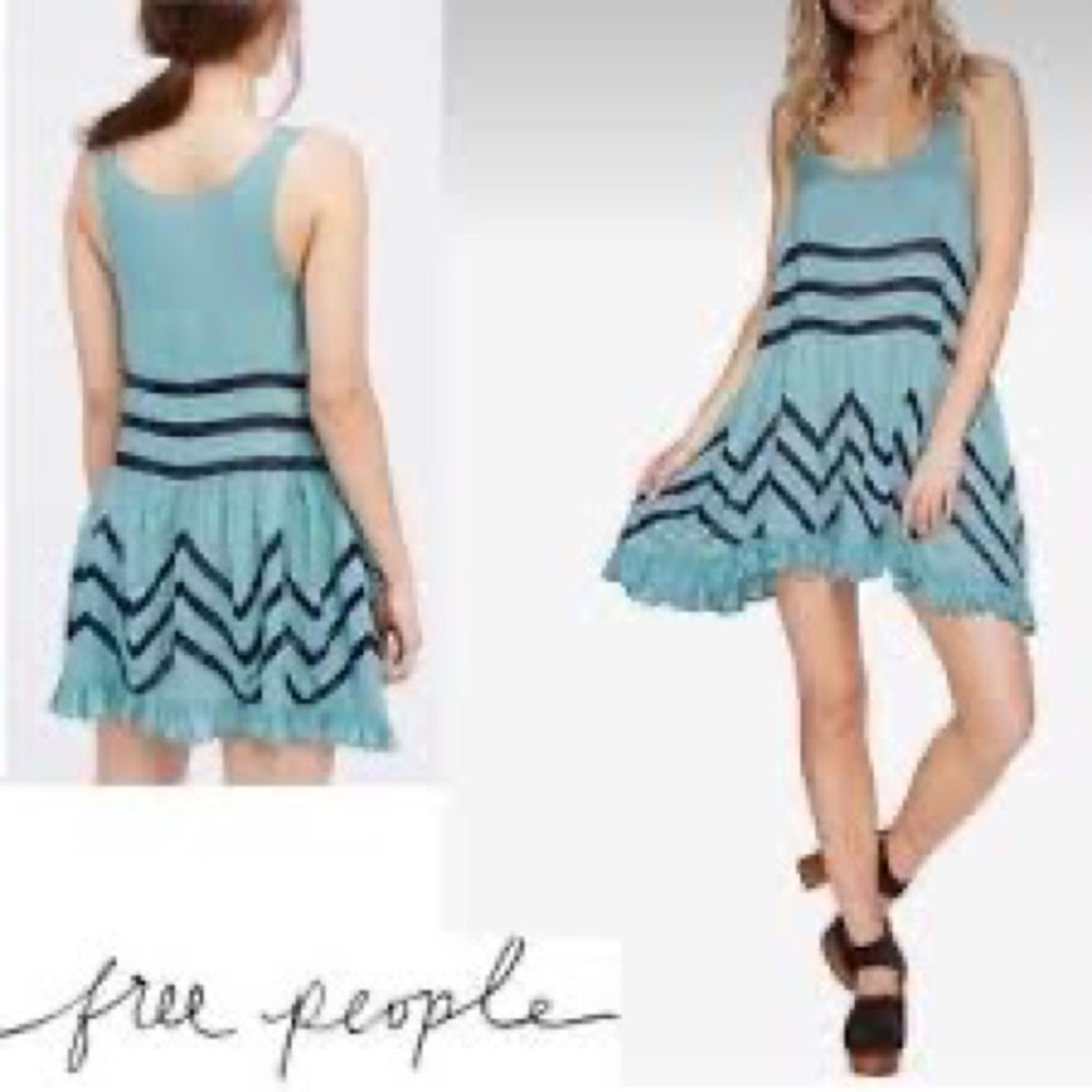 Free People Voile & Lace Trapeze Slip Dress / Tunic Dusty Jade with Navy SZ XS